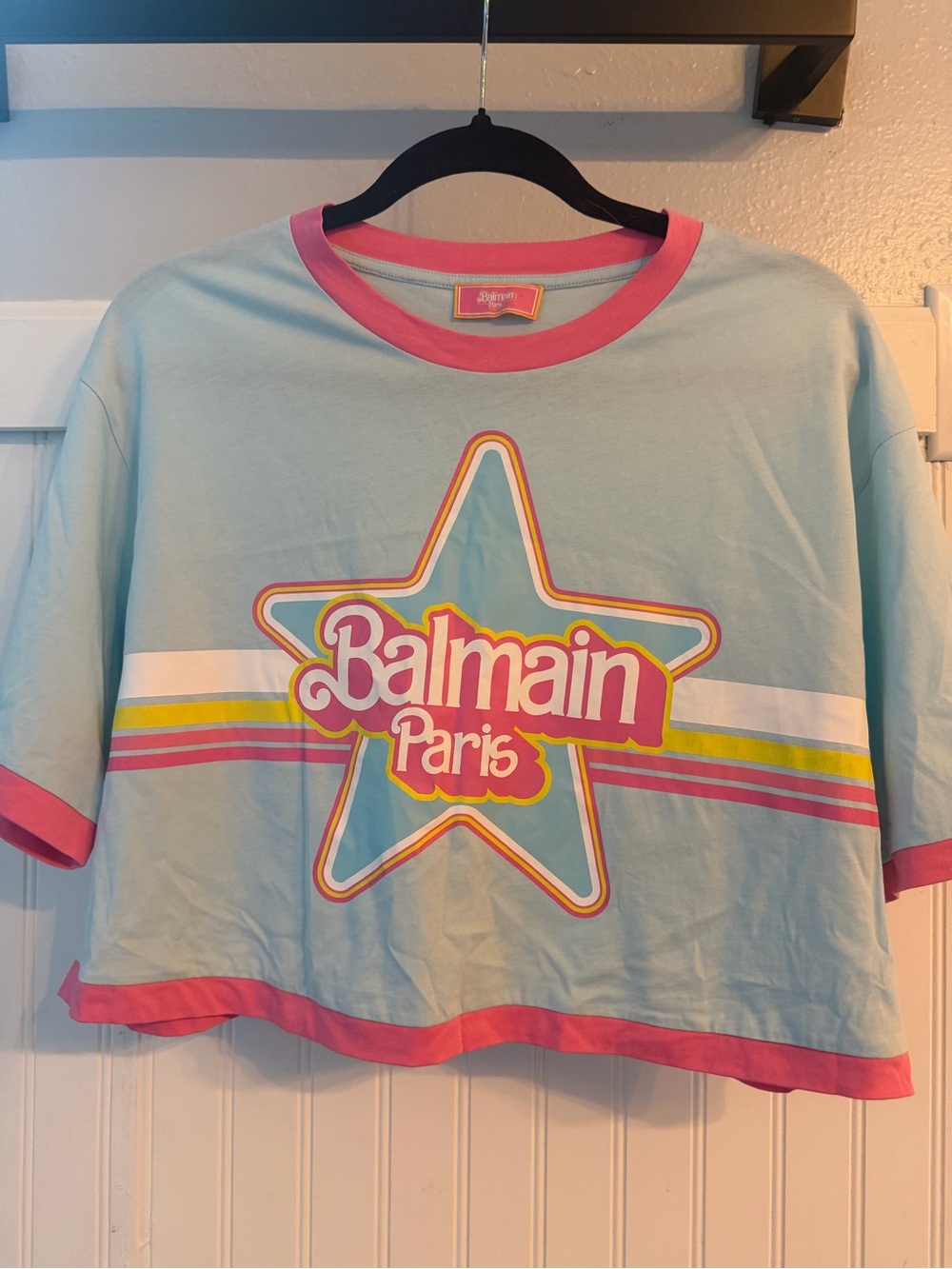Balmain x Barbie Cropped Light Blue & Pink Star Graphic Tee